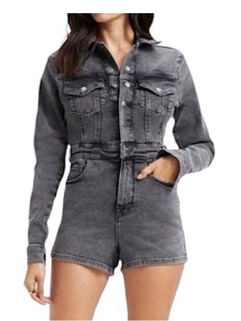 Good American Grey-Black Denim Long Sleeve Romper - Picture 5 of 10
